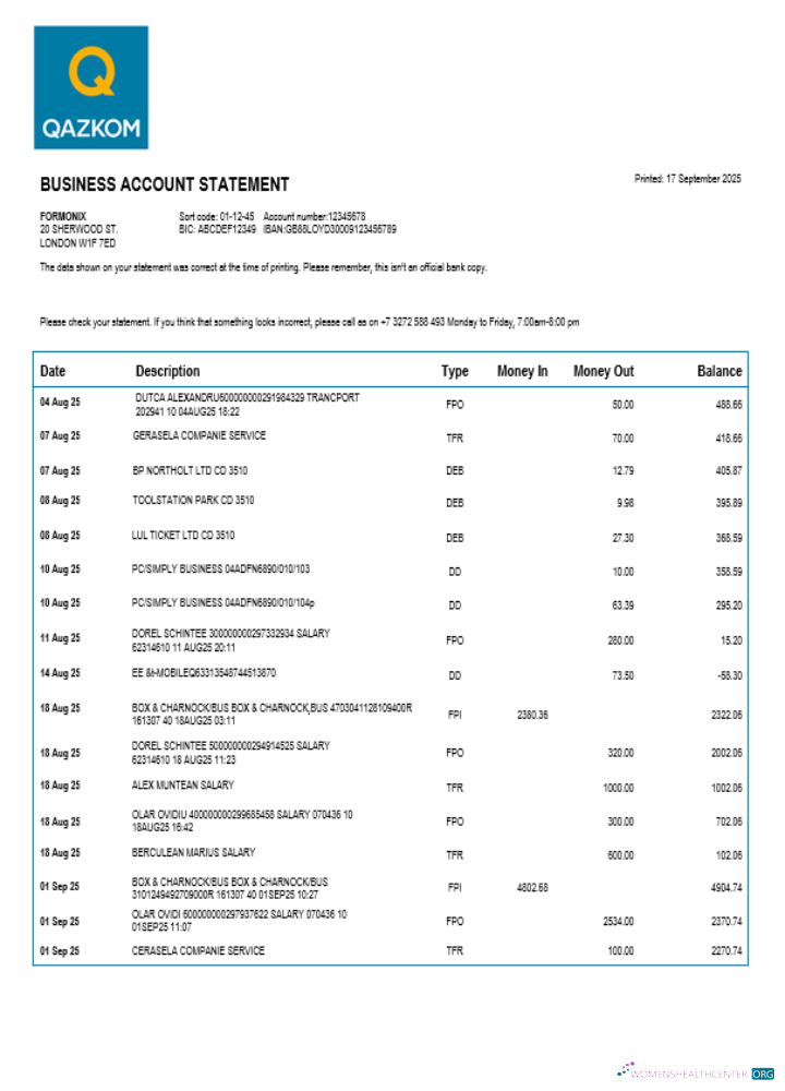 Download Qazkom bank enterprise account statement Word and PDF template Photoshop template